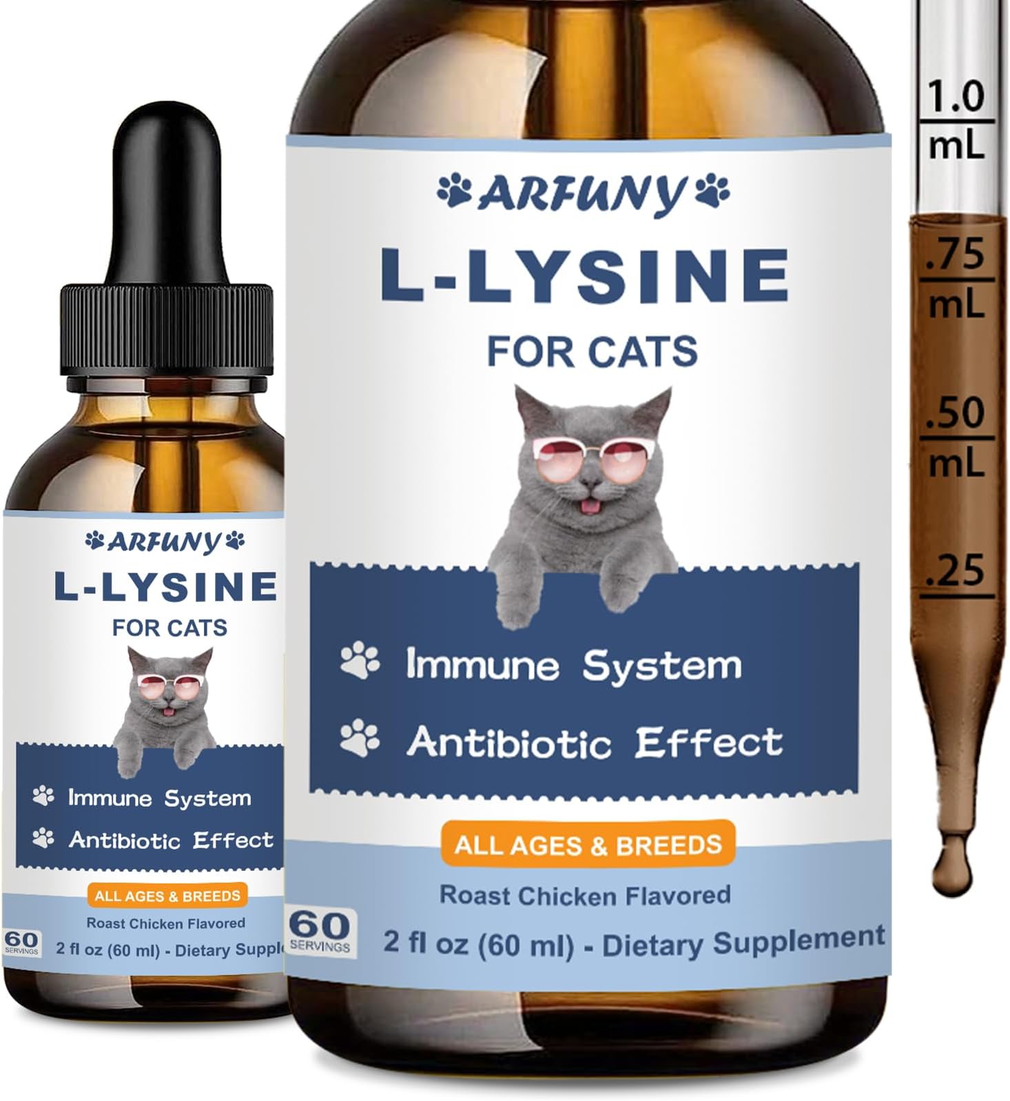 L-Lysine Supplement for Cats - Immune Support - 60ML Lysine for Feline Respiratory, Sneezing, Runny Nose, Eye Function - Natural Cat Antibiotic Drops - Roast Chicken Flavor