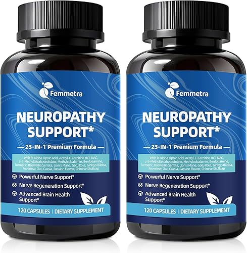 Suplemento de apoyo para neuropatía nerviosa y periférica con 1200 mg de ácido R-alfa lipoico L-carnitina vitamina B12 B1 B6 D3 E Folato Leones
