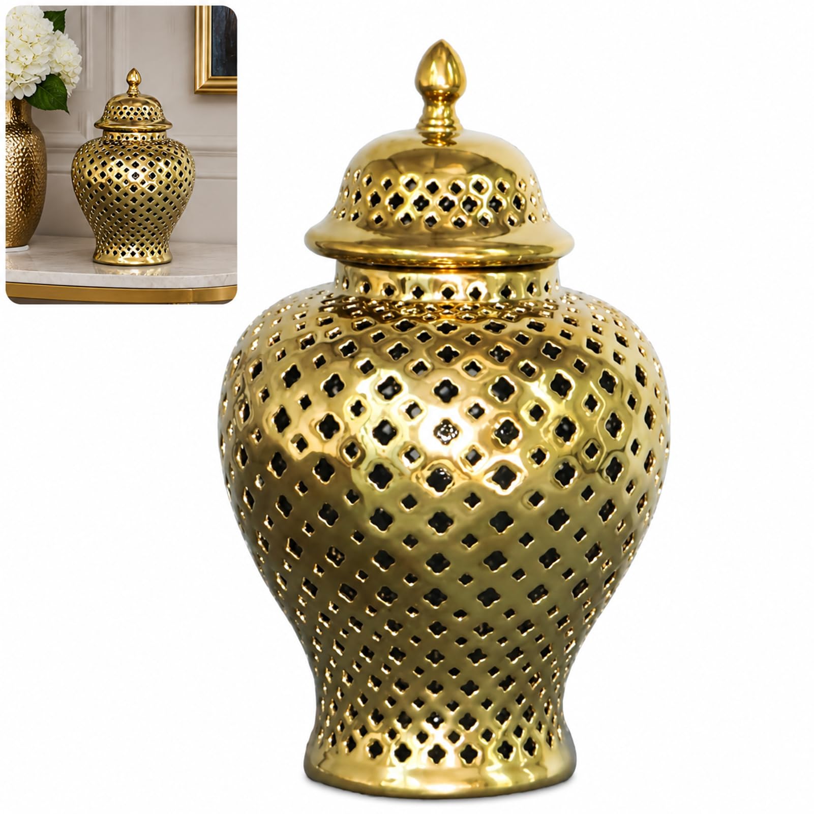 Vintage Ginger Jar With Lid Carved Lattice Decorative Temple Jars Stunning Home Decor Intricate (16 * 27.5cm,gold)