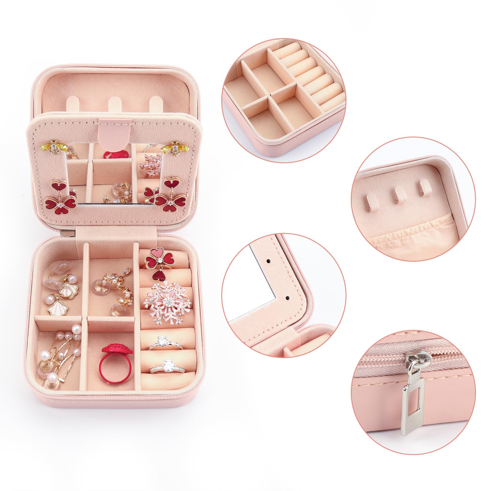 Crafans Portagioie portatile con specchio rotondo mini scatole di gioielli da viaggio in velluto per anelli orecchini custodia piccoli gioielli scatole con cerniera per gioielli da donna, rosa