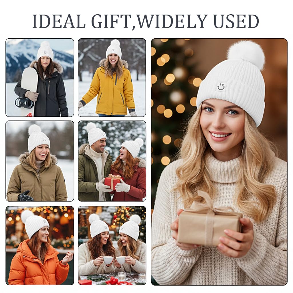 Zibuyu Winter Cap for Women, Wool Yarn Beanie, Pom Detail, White 3