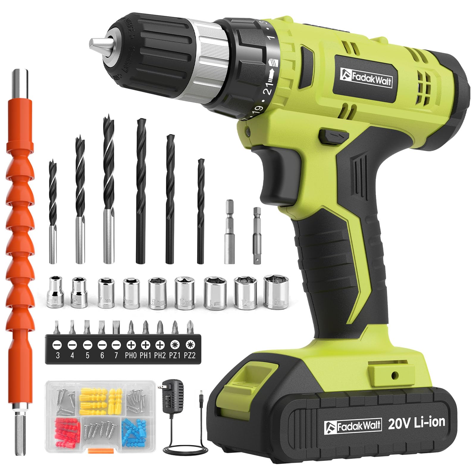 FADAKWALT Taladro Percutor a Bateria 20V, Taladro Atornillador Kit de 60 Piezas, 21+1 Ajustes de Par, 30 Nm, Batería 2000mAh, 2 Velocidades, LED, Para bricolaje y reparaciones domésticas (Verde)