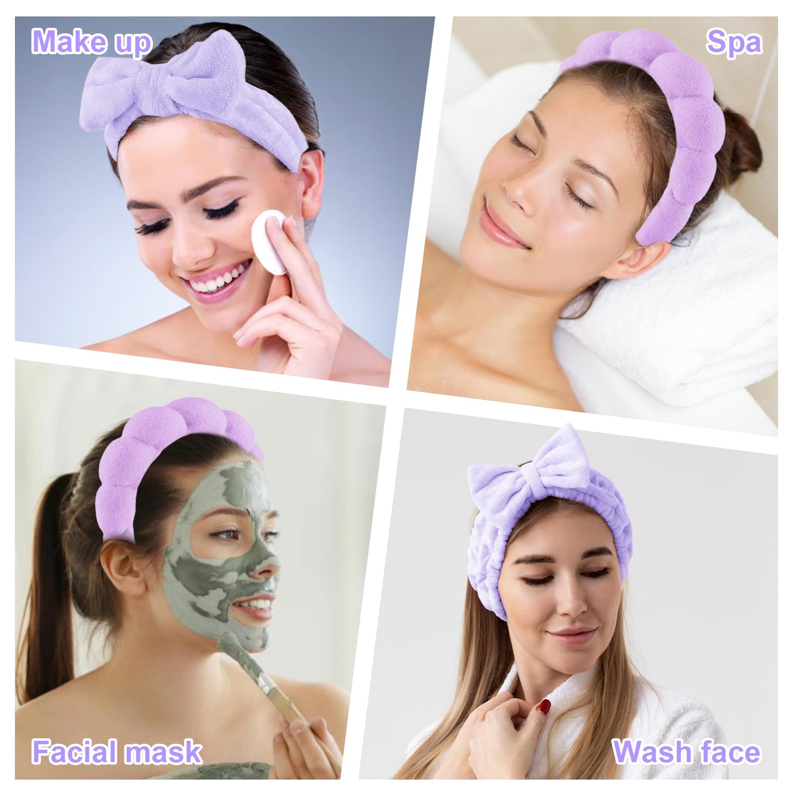 4 Pieces Spa Headband for Washing Face Skincare Terry Cloth Headband Wristband Set,Elastic Hairbands Face Washing Wristband,Sponge Puffy Makeup Headbands for Women Girls Shower,Sports,Yoga (purple) - Image 4