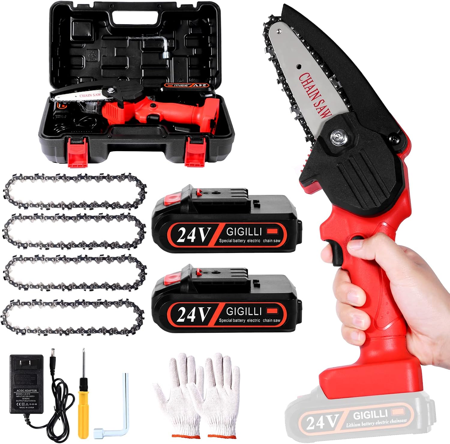 Gigilli Mini Chainsaw With 2 Batteries 4 Chain, 4-Inch Mini Cordless Chainsaw Battery Powered Portable, Christmas Gift Handheld Small Electric Chainsaw for Branch Pruning Tree Trimming Wood Cutting