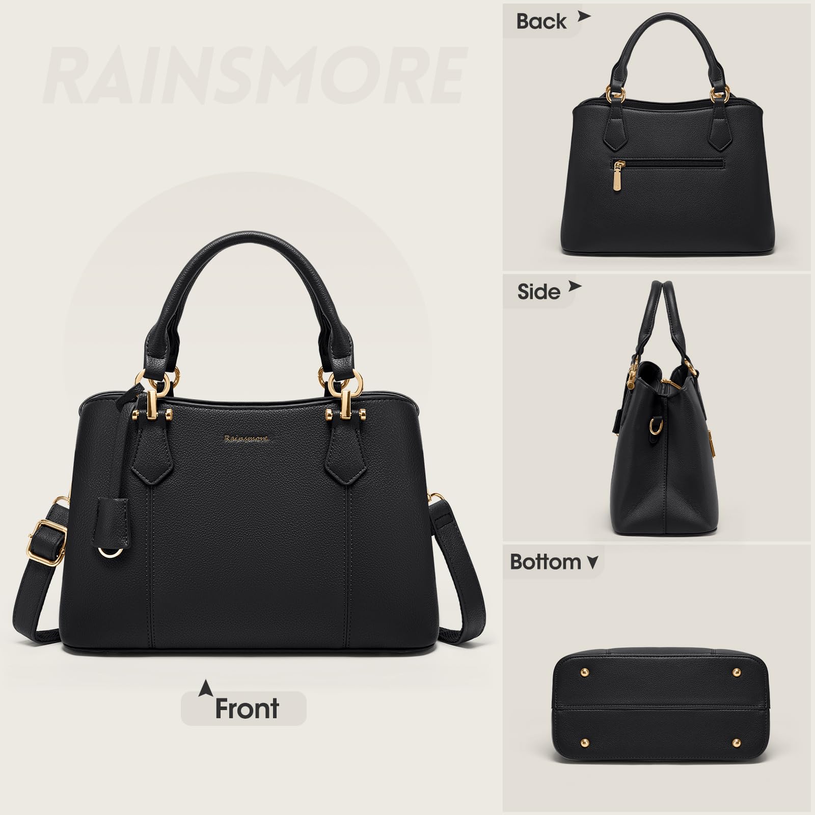 RAINSMORE Handtasche Damen Mittelgroß PU Leder Damenhandtaschen Klein Henkeltaschen Damen Umhängetasche Tasche Damen Tote Bag Schultertaschen Schwarz