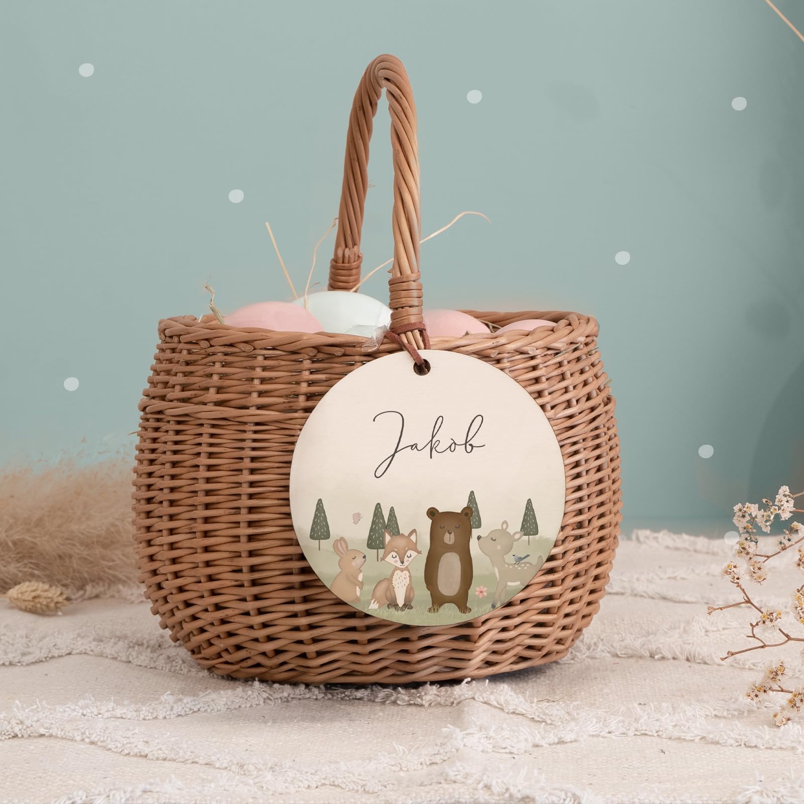Personalisiertes Osterkörbchen – Weidenkörbchen für Kinder & Babys – Mit süßem Tier-Design – Ostereiersuche & Ostergeschenke - Flechtkorb - hello mini (Waldtiere, Ø15cm)