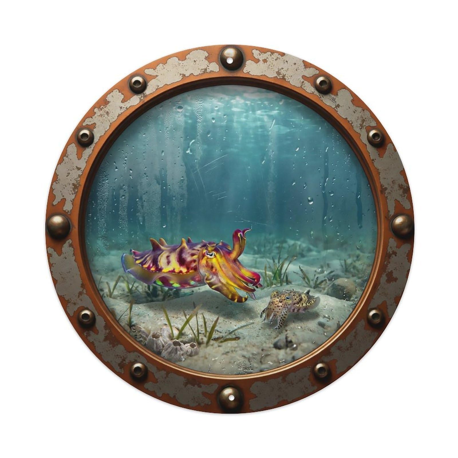 Vintage Porthole Flamboyant Cuttlefish Nautical Window View Metal Tin Sign