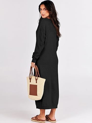 Miniatura 6 de ANRABESS Vestido de manga larga con botones y cuello en V para mujer, de gran tamaño, casual, holgado, punto gofre, vestido de suéter midi para