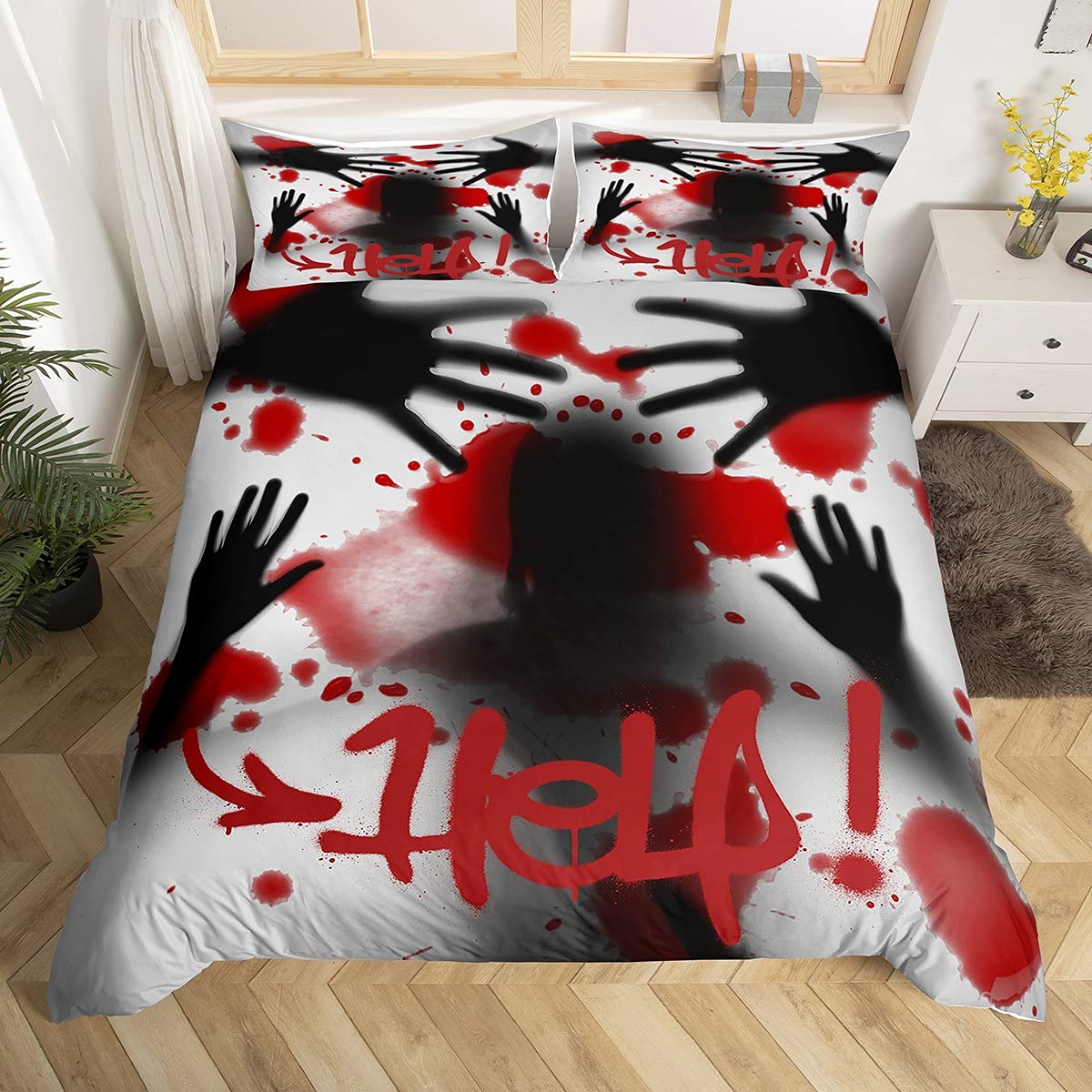 Loussiesd Halloween Bedding Set Horror Bloody Hands Comforter Cover for Kids Adult Help Me Duvet Cover Scary Props Bedding & Linen Halloween Element With 2 Pillow Case Super King — image 1