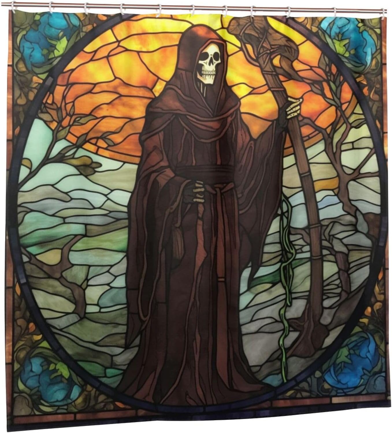 Death Skull Shower Curtain for Bathroom, Black Glass Art Boho Shower Curtain Set, Abstract Fabric Modern Waterproof Bathroom Decor with 12 Hooks 72x72in YLATY5719