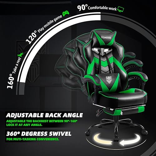 Miniatura 6 de Vonesse Silla para videojuegos, silla de computadora con reposapiés y masaje, sillas reclinables para adultos, silla de juego con respaldo alto
