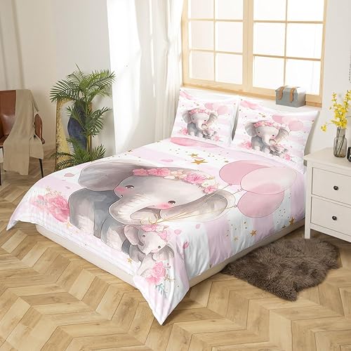 Miniatura 2 de Castle Fairy Juego de funda de edredón de bebé de elefante para niños, juego de ropa de cama de teñido anudado rosa para mujer, funda de edredón de
