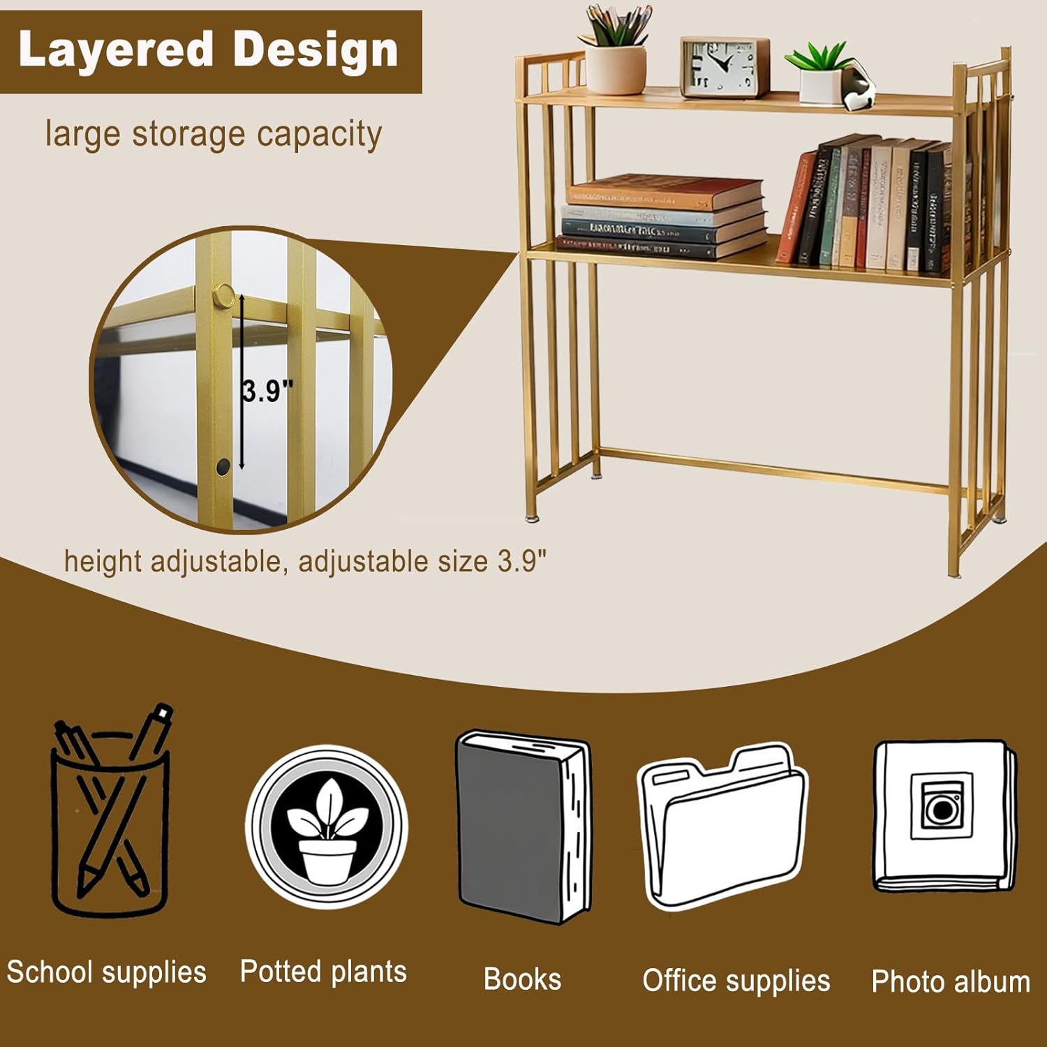 29.5" Desk Shelf, 2-Tier Desktop Hutch Bookshelf, Metal Display Rack Countertop Storage Organizer Shelf for Home Office