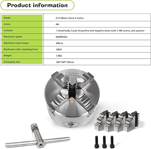 Miniatura 5 de RATTMMOTOR 3 "4-Jaw K12-3.150 in Torno Autocentrante Portabrocas de enlace 6600RMin 40N.m 10KN, centro de mecanizado de precisión Torno de metal de