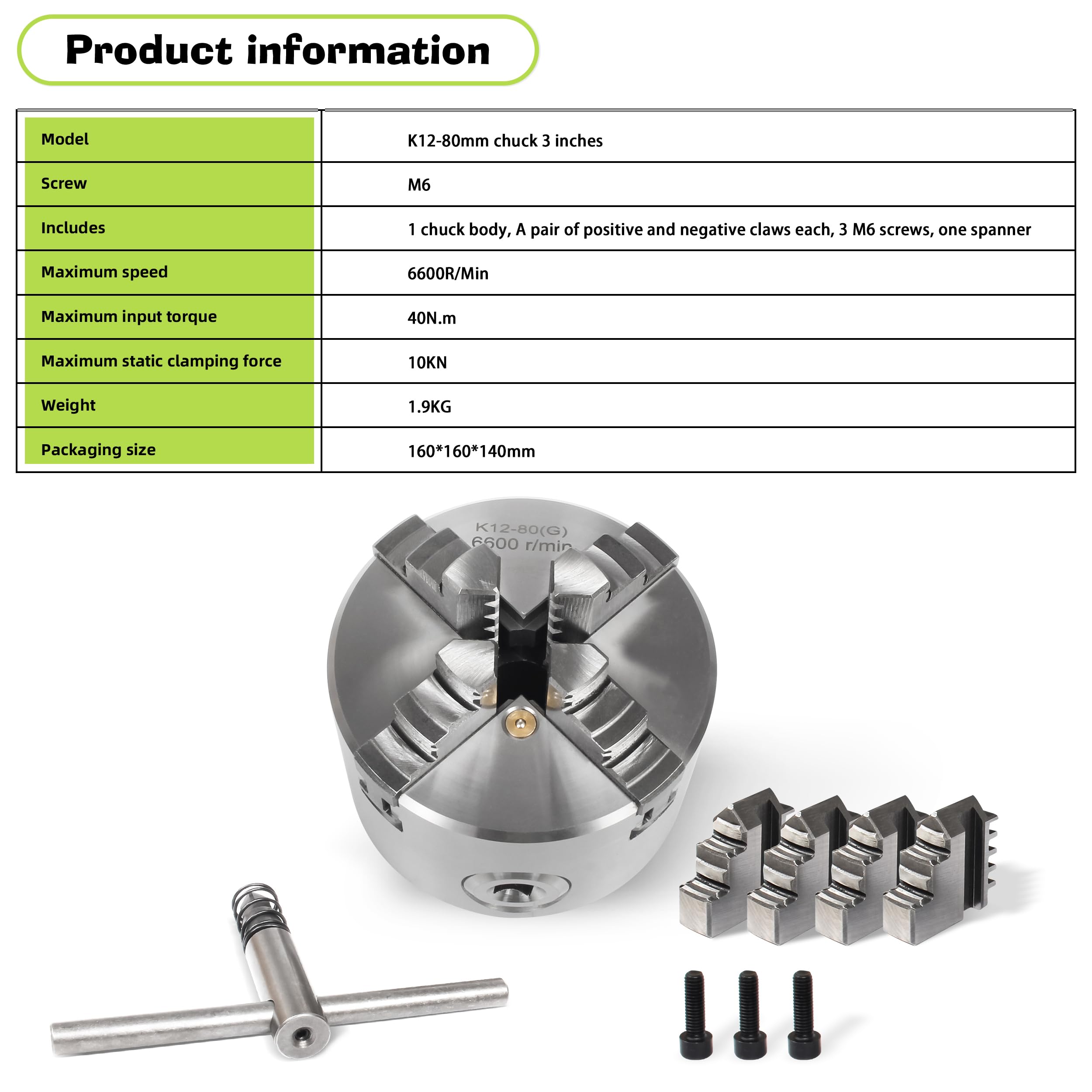 RATTMMOTOR Mandrino autocentrante per tornio K12-80mm a 4 ganasce da 3 pollici 6600R/Min 40N.m 10KN, Centro di lavoro di precisione Mandrino per tornio in metallo per legno Mandrino da 16 mm Foro