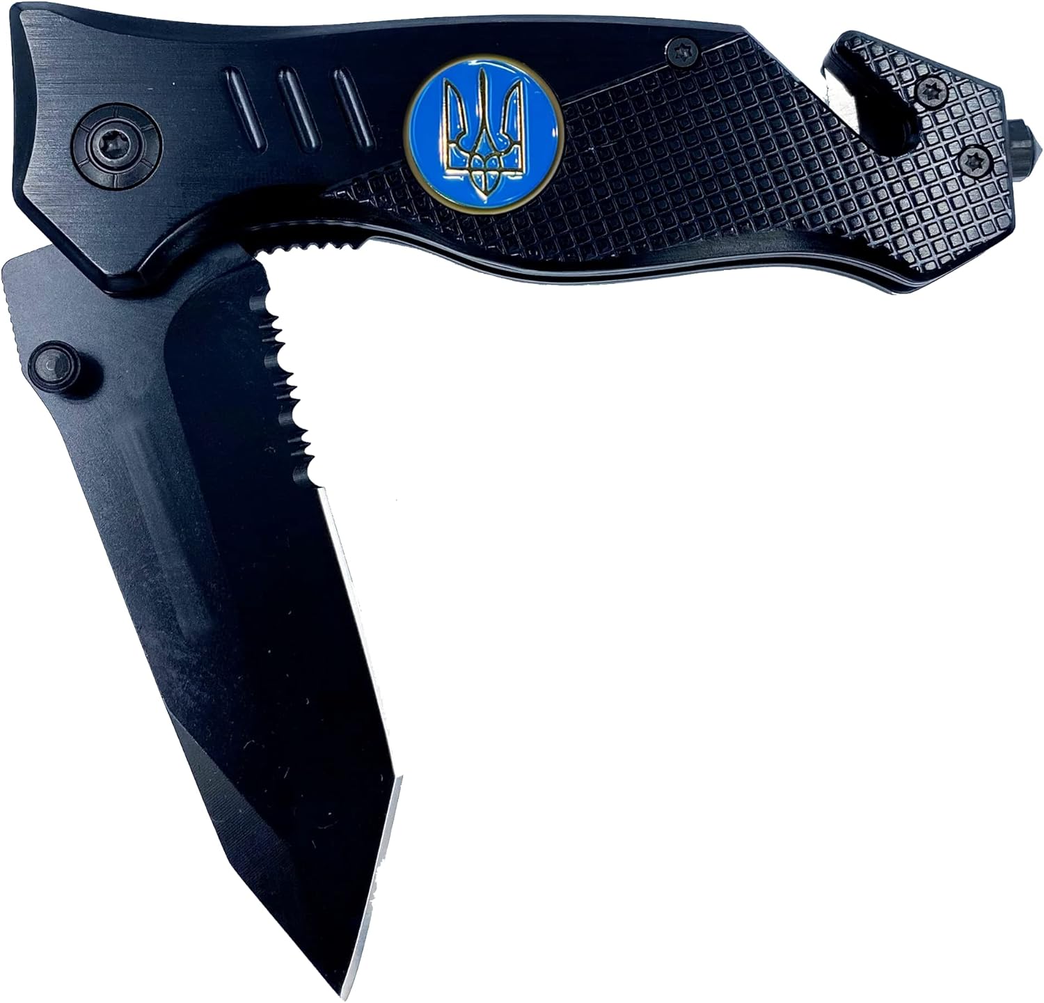 LEO Challenge Coins Ukraine Armed Forces Ukrainian Army Navy Air Force Military collectible 3-in-1 Police Tactical Rescue Knife with Seatbelt Cutter, Steel Serrated Blade, Glass Breaker, black