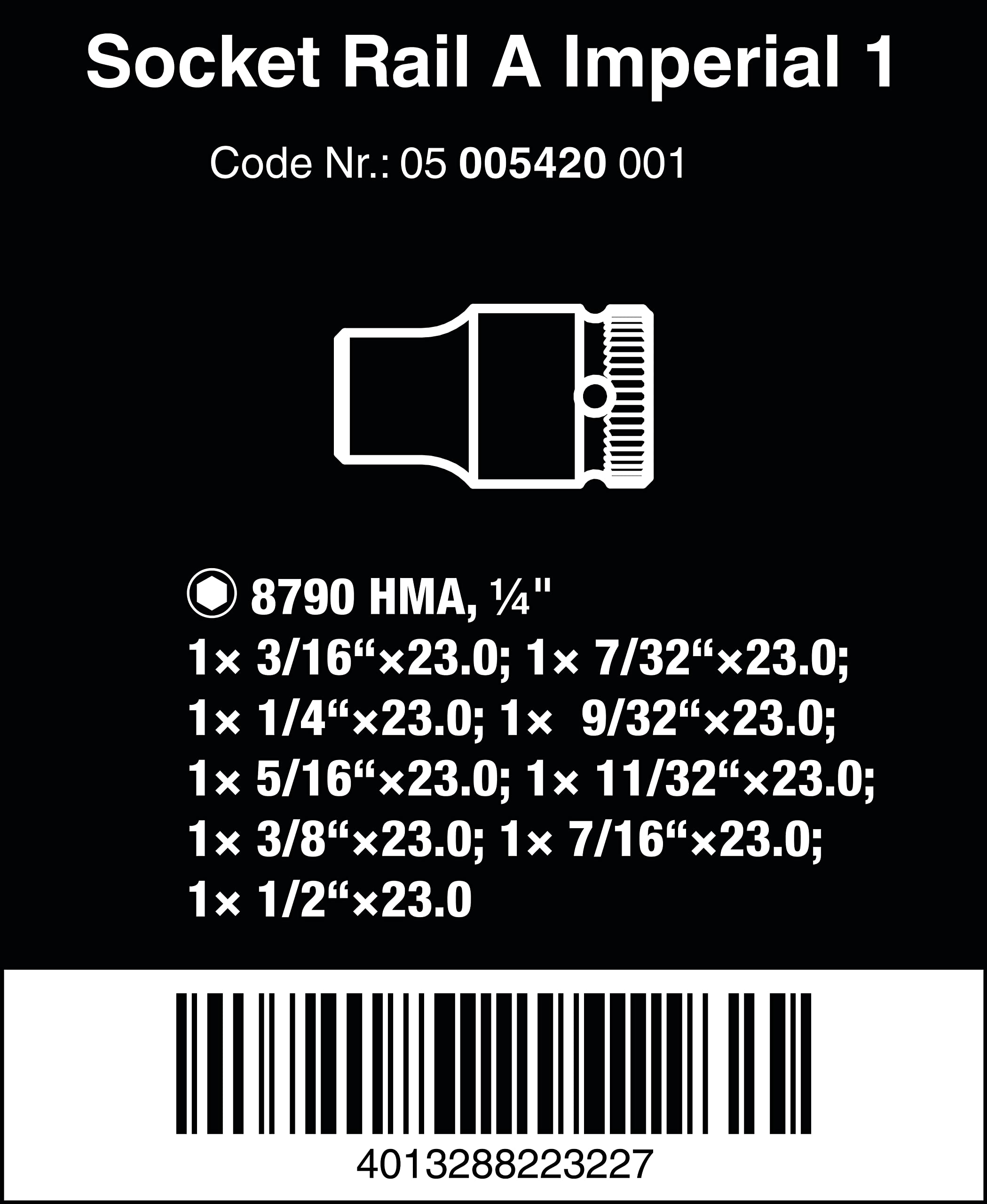 Wera 05005420001 Juego de llaves de vaso Zyklop en tira magnética A Imperial 1, arrastre de 1/4", en pulgadas, 9 piezas, Negro