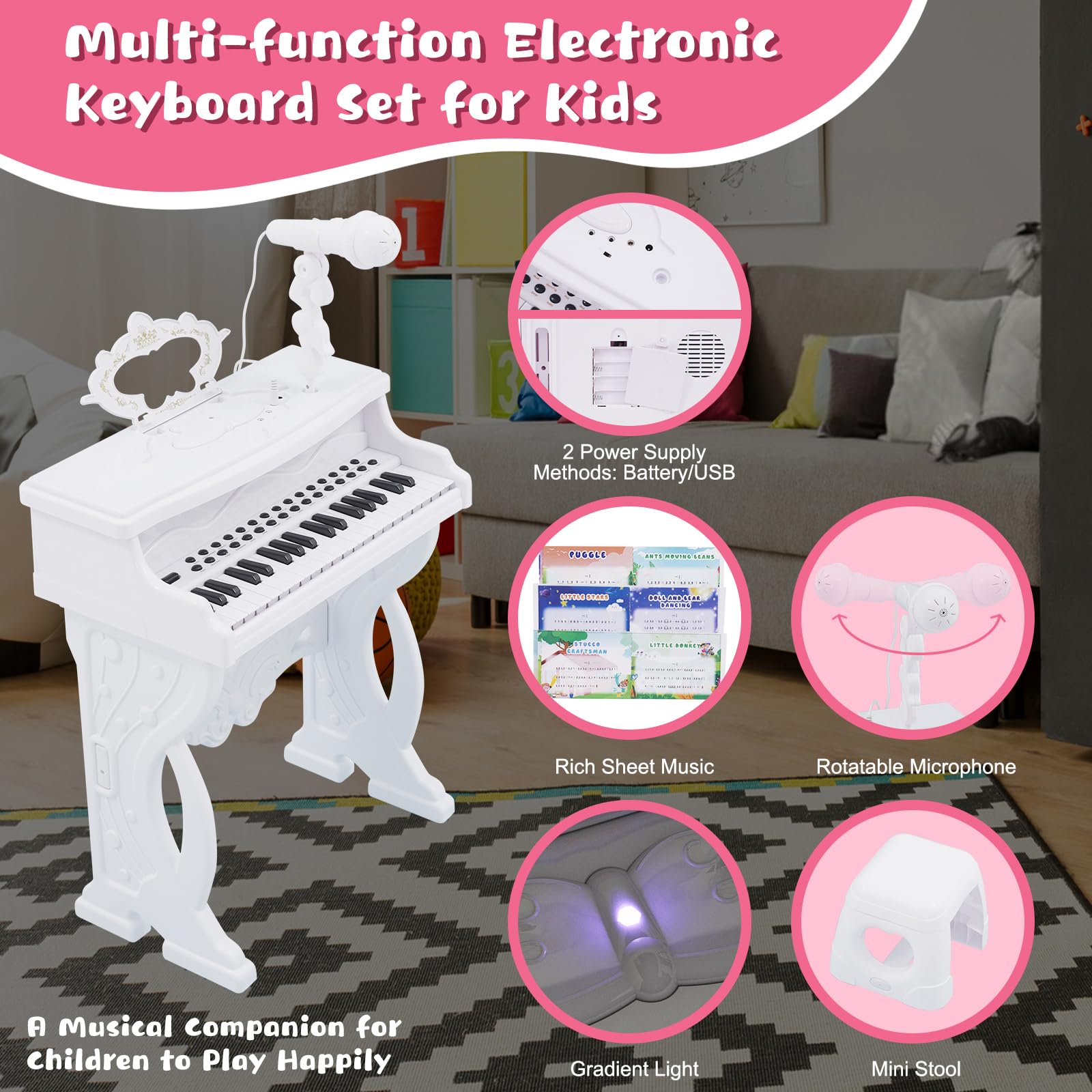 Clavier de Piano pour Enfants, 37 Touches avec Microphone Rotatif à 360 °, Jouets Éducatifs Multifonctions Électroniques Portable