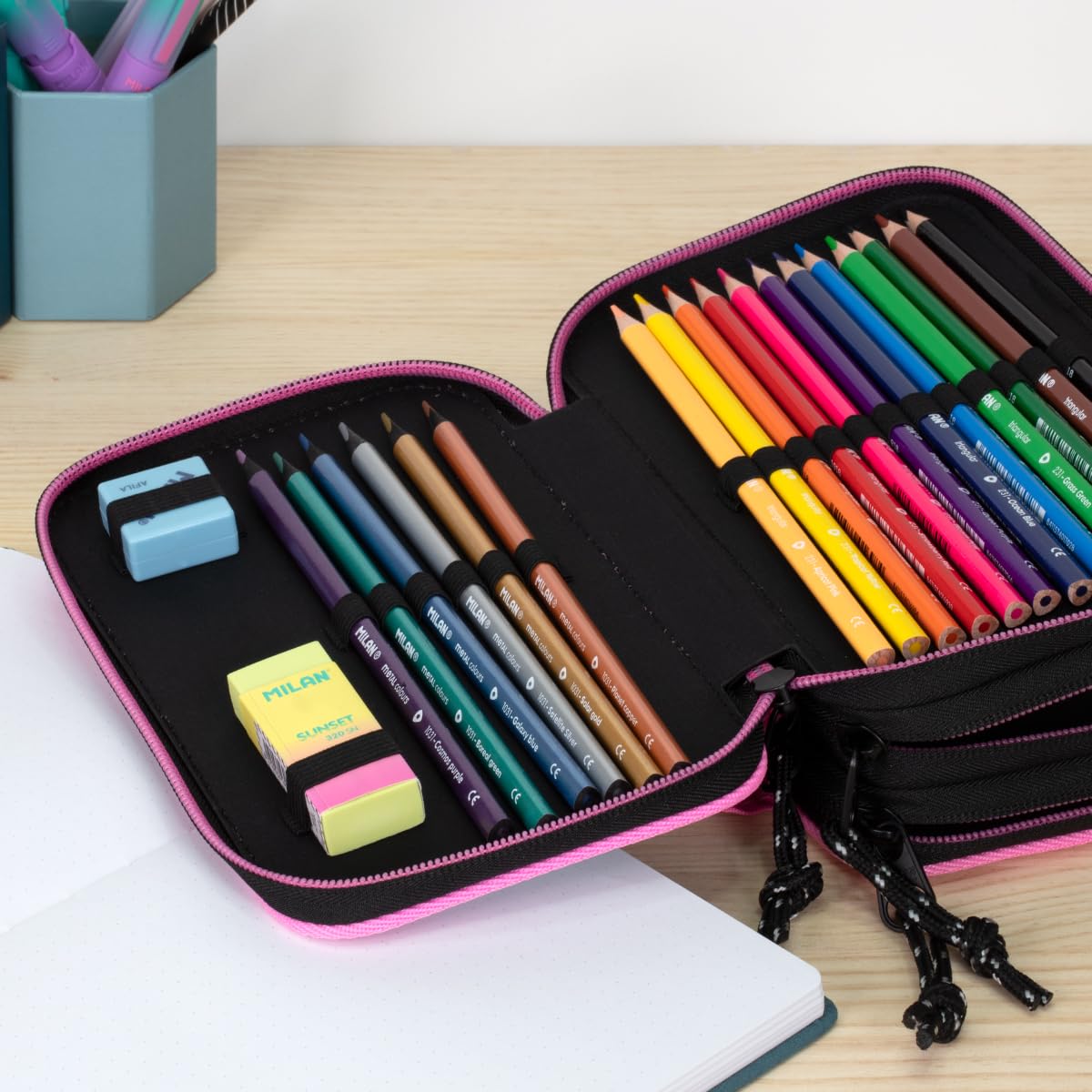 Milan® 3-Tier Pencil Case with Sunset Content, Pink, 19.5 x 13 x 7.5 cm - Image 2
