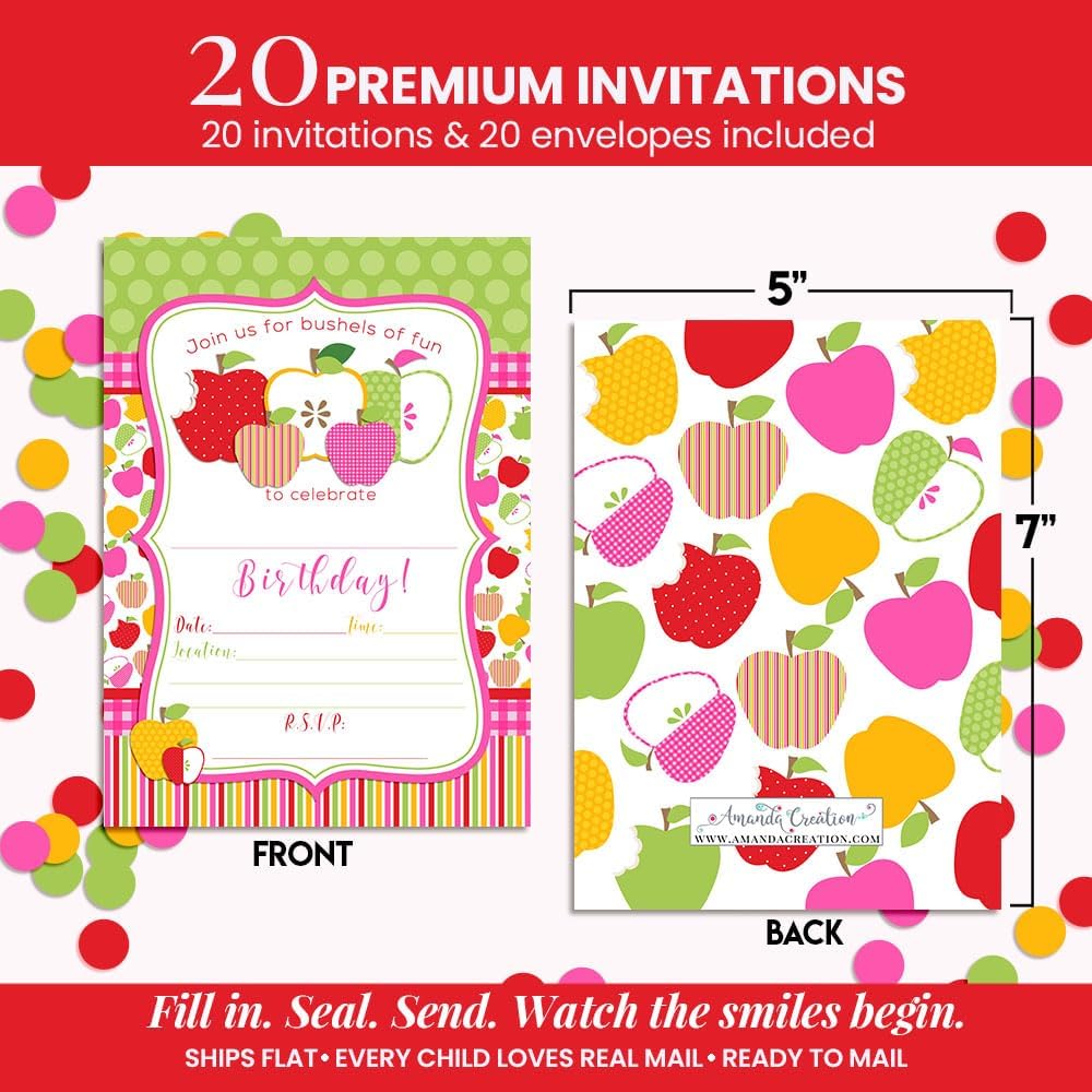 Bright Apple Birthday Party Invitations, 20 5x7 Fill In Cards with Twenty White Envelopes by AmandaCreation™