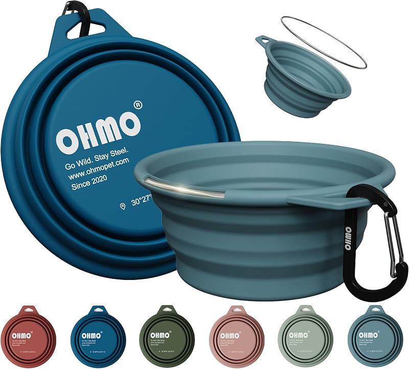 Tigelas dobráveis para cães em silicone com aro de aço inoxidável OHMO, 355 mL, 2 unidades, Azul-escuro e Azul-claro