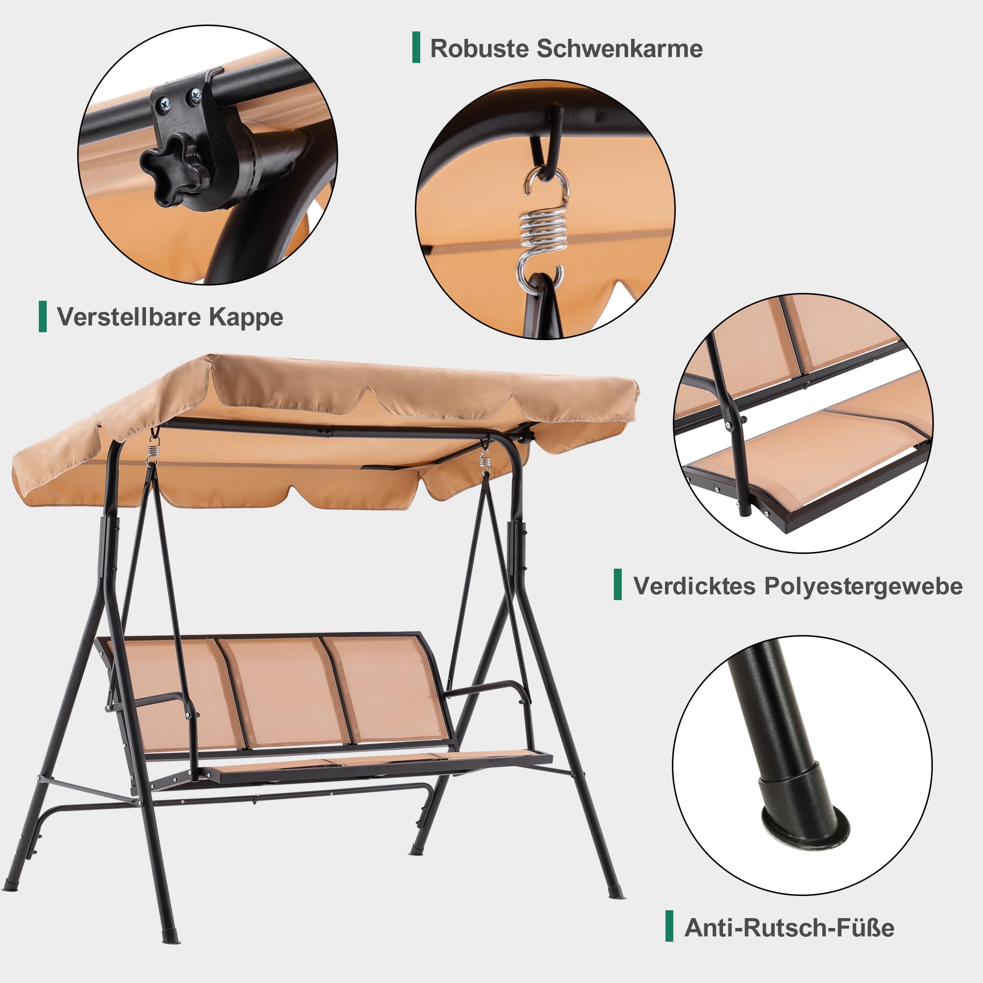 MCombo 8007 Hollywoodschommelbank, 3-zits, tuinschommel, ligstoel voor in de tuin (grijs