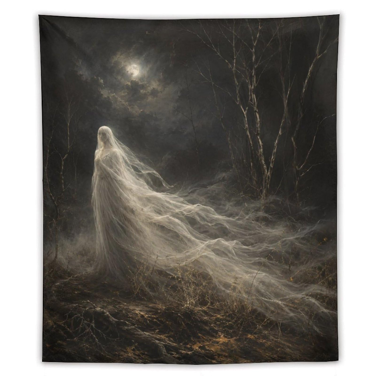 H3B8U2Y5 Moonlit Forest Ghost Wall Tapestry, Dark Fantasy Mist