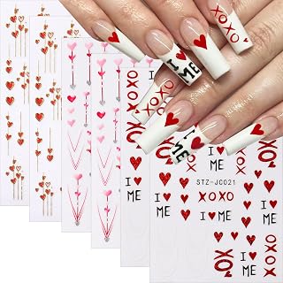 6sheets Valentines Nail Stickers for Nail Art Red English Letter Nail Decals 3d Self-Adhesive Cute Heart Nail Designs Romantic Valentine Nails Decoration Gold Glitter Heart Nail Art Stickers for Women