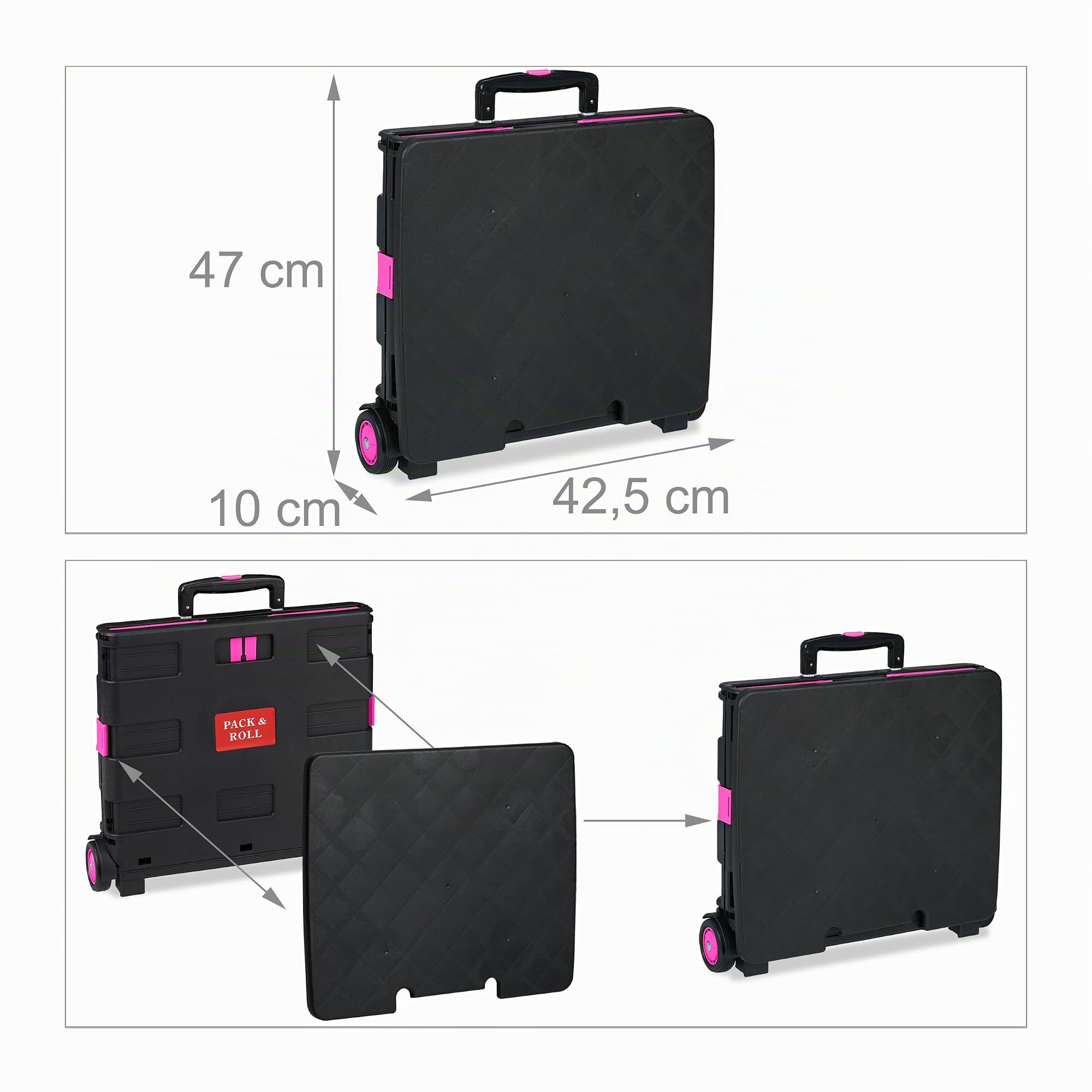 Relaxdays Chariot de Courses, Pliable, Jusqu’à 35 kg Poussette de 50 l, poignée télescopique, 2 roulettes, Rose/Noir