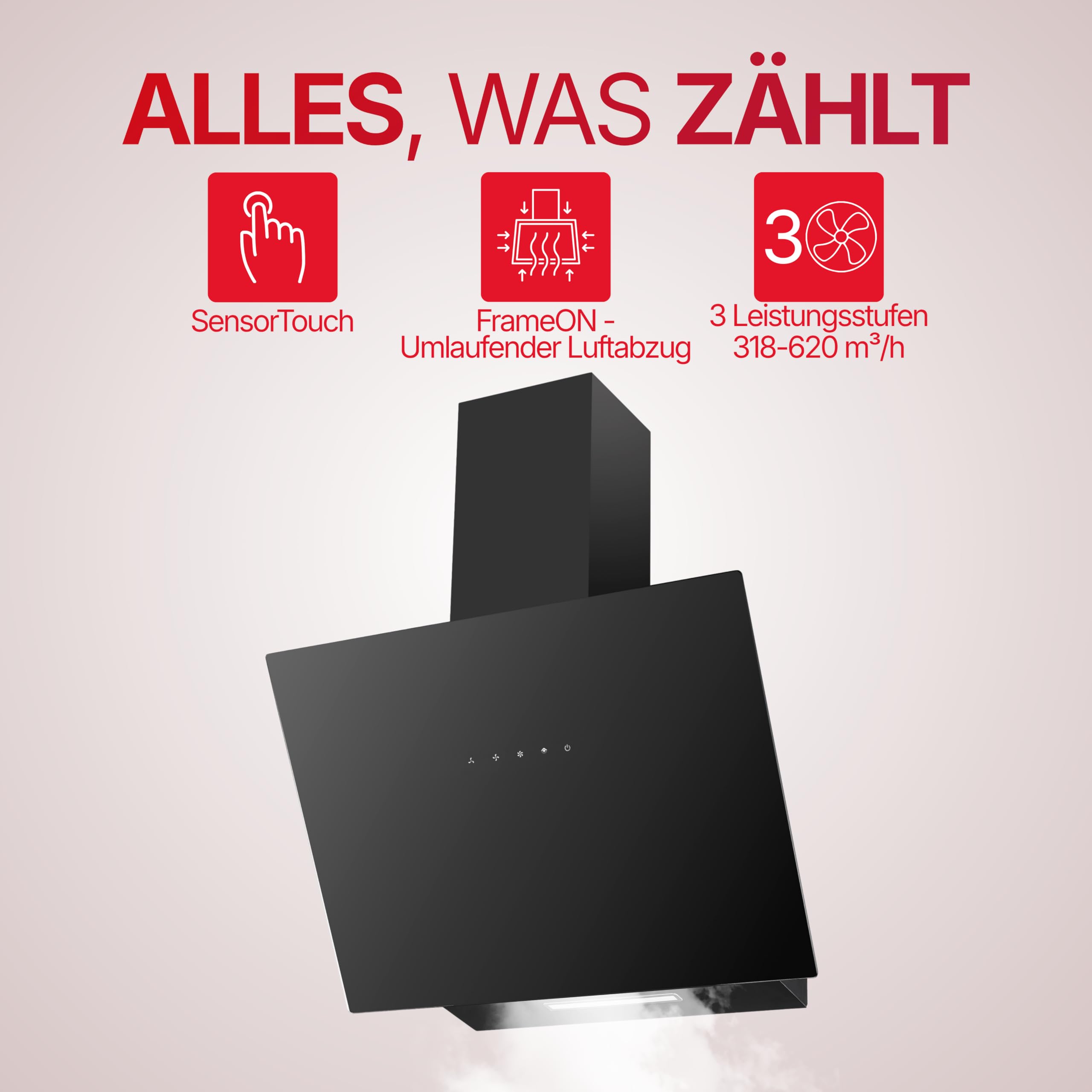Amica Kaminhaube 50 cm 650 m³/h Abluft SensorTouch LED Beleuchtung Nachlaufautomatik 3 Leistungsstufen KHF 654 630 S – Dunstabzugshaube Schwarzglas