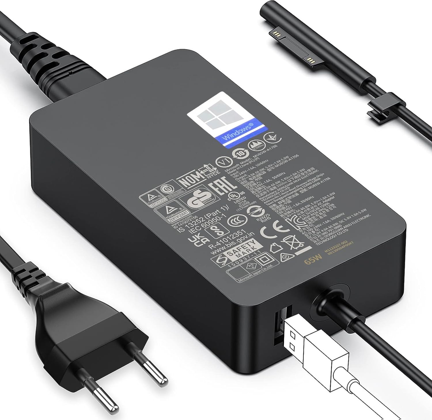 Caricatore Surface Pro 65W Surface Charger Compatibilità Microsoft Surface Pro 3/4/5/6/7/7+/8/9/10/11/12, Surface Laptop 1/2/3/4/5/6/7, Surface Go 1/2/3/4