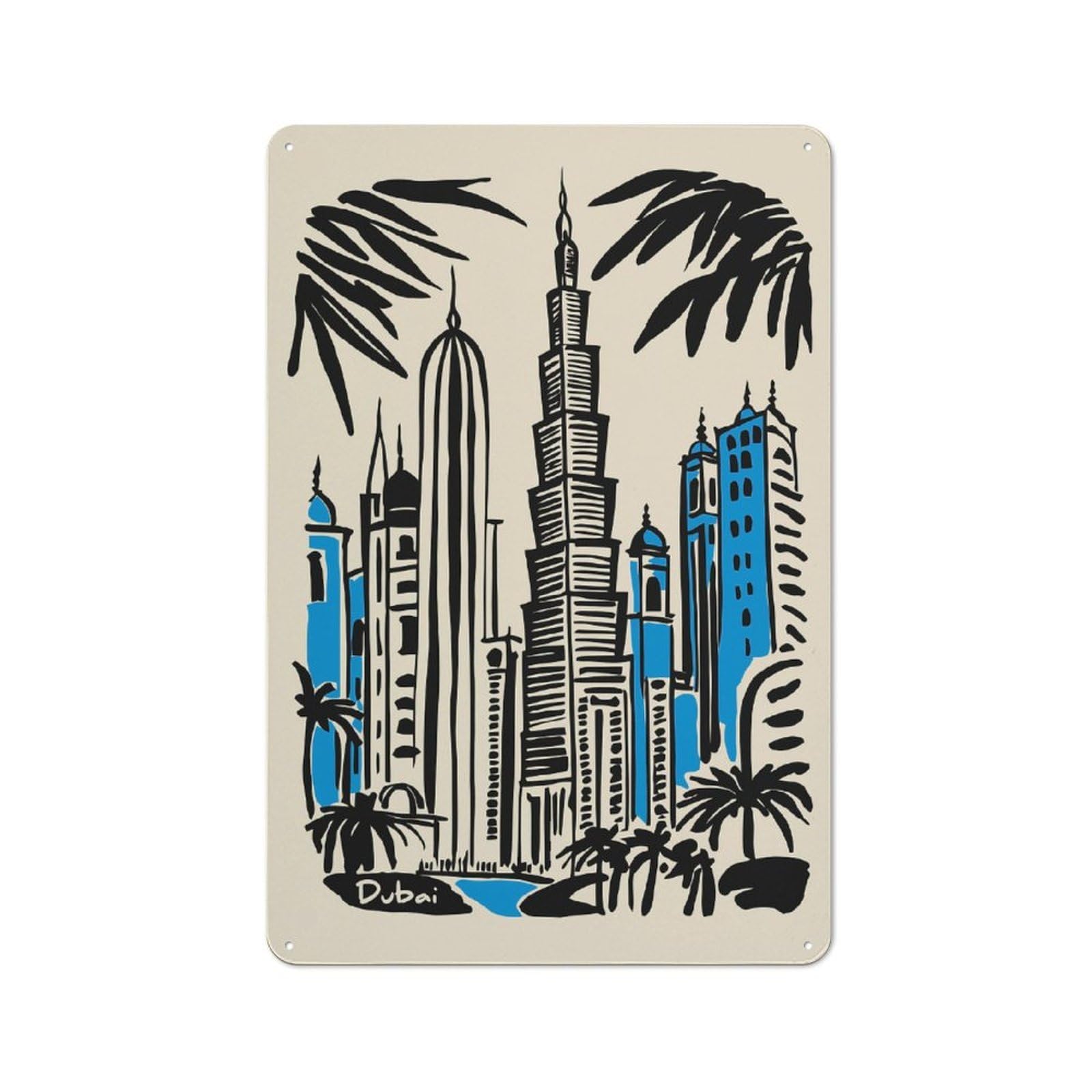 Junmoney Style-4 Dubai Skyline Illustration With Palm Trees Everyday Metal Wall Decor 30X20cm, Vintage Metal Sign For Hallway, Home Bar, Garage Or Study