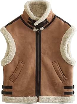 Uillui Women Winter Crop Vest Sherpa Fleece Lined Suede Leather