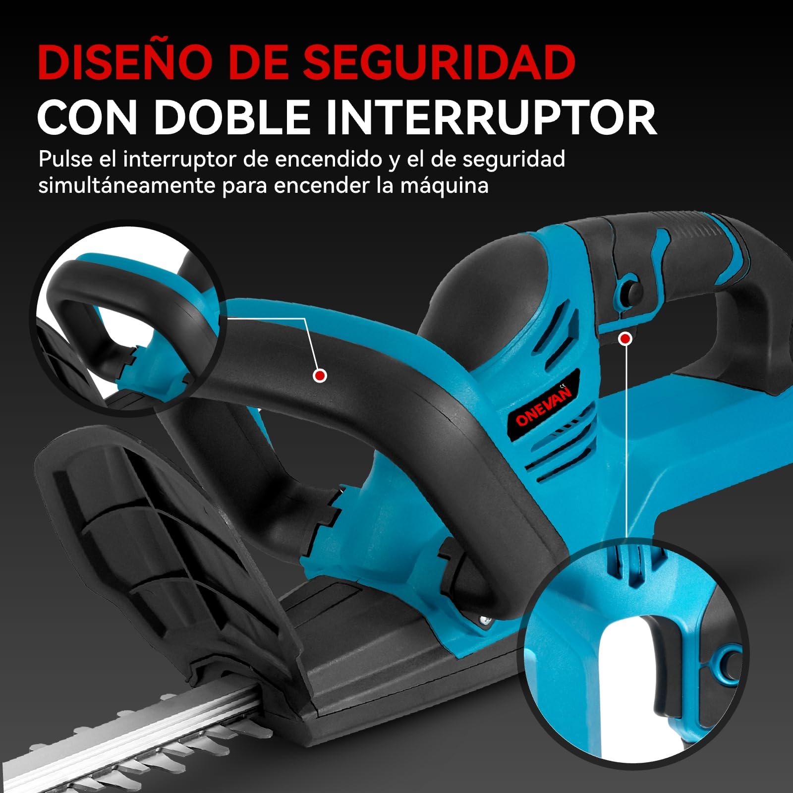 ONEVAN Cortasetos bateria, 500w Cortasetos electrico con batería de 2x3.0ah ed cargadore, 22", Cuchilla de 56 cm, 15mm Entre Dientes, 13000rpm, Cortasetos inalámbricos para arbustos, jardín, césped