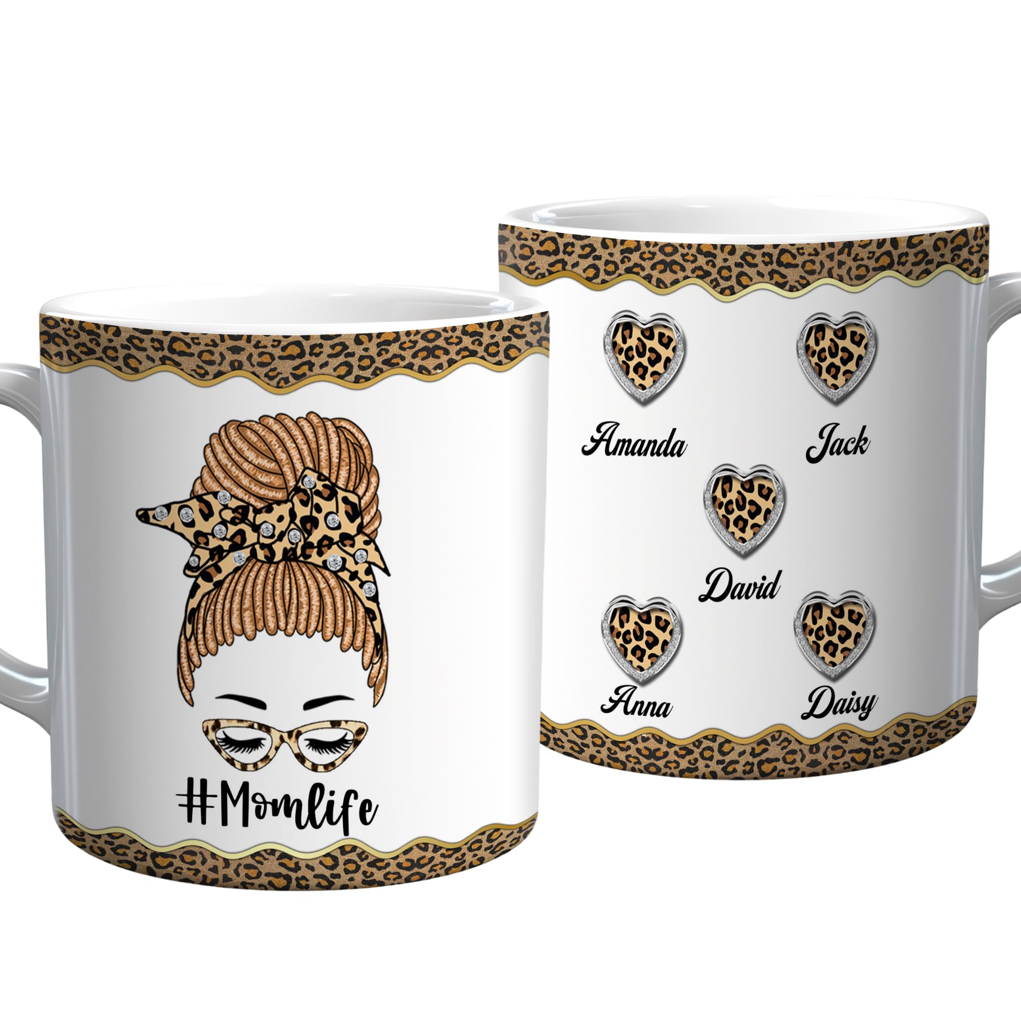 MomLife Mug Custom Name 5 Kids Leopard Messy Bun Personalized Design Coffee Ceramic Cup 11 15 Oz Gifts