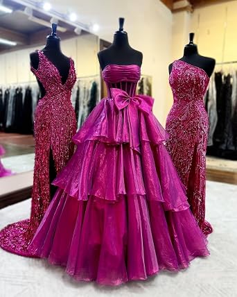 Sparkly Tulle Prom Dresses with Slit Long Ball Gown Strapless Corset Ruffle Bow A Line Formal Evening Party Dress