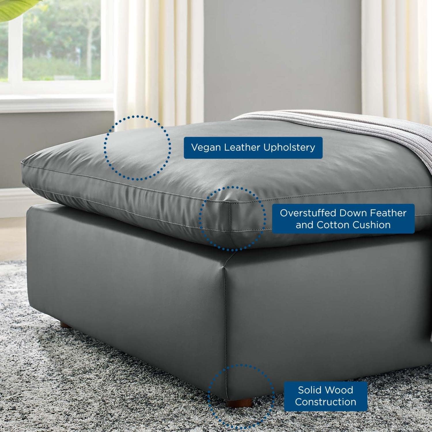Luxurious Gray Vegan Leather Plush Ottoman, 39"L x 19"H