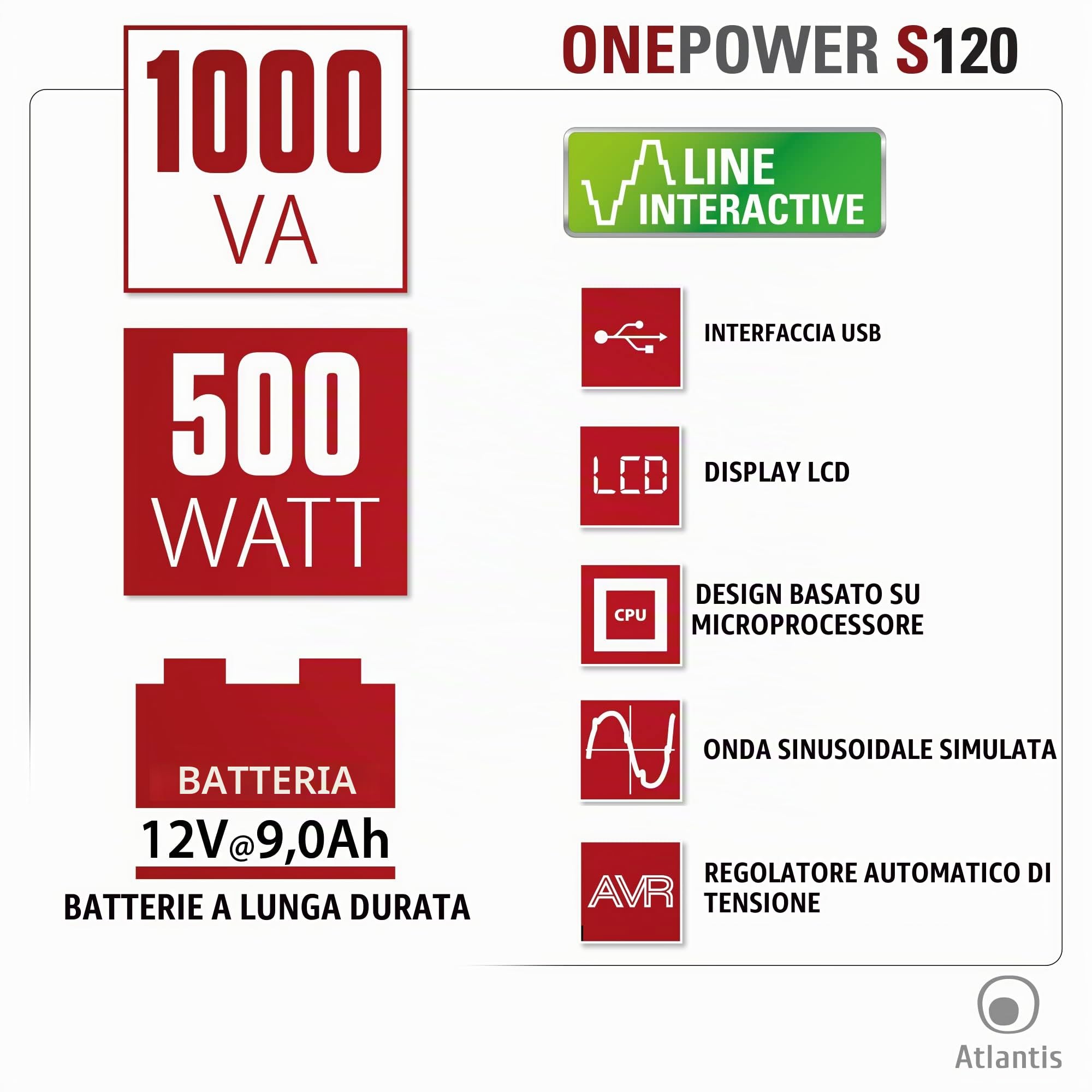 Atlantis Gruppo di Continuità UPS Line Interactive 1000VA/500W bat. 12V 9Ah | Onda pseudosinusoidale, Stabilizzatore AVR 3 stadi, 4 IEC, batteria 12V 9Ah, connessione USB, software gratuito, cod A03-S120