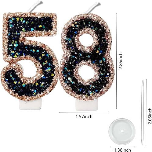 Miniatura 2 de Velas de números con purpurina azul y negro de 2.8 pulgadas, regalos de cumpleaños 58 para mujeres y hombres, decoraciones de cumpleaños, velas de