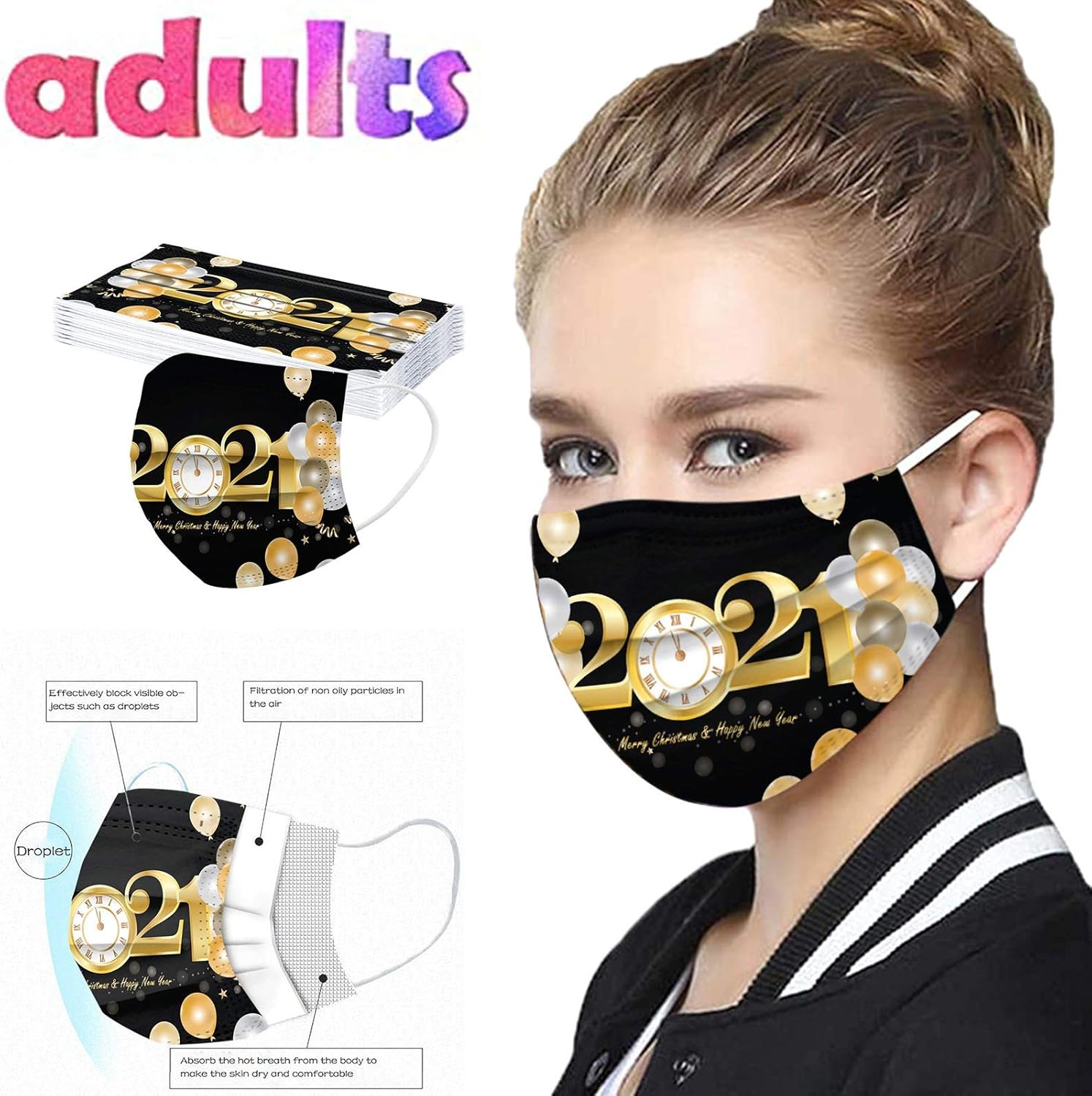 10PC Adults New Years Printed Disposable Face_Mask 3Ply Breathable Face Bandanas Outdoor Work