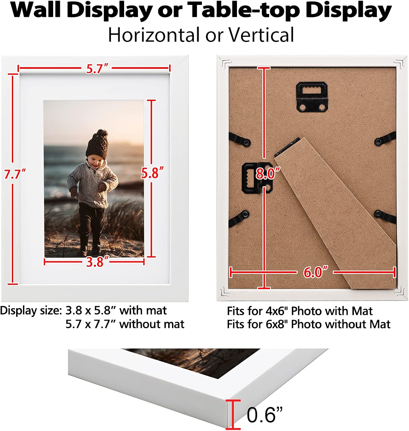 KINLINK 6x8 Picture Frame White Set of 4, Wooden Photo Frames Matted 4x6 with Plexiglass for 4x6 with Mat or 6x8 without Mat for Table and Wall Display - Image 7