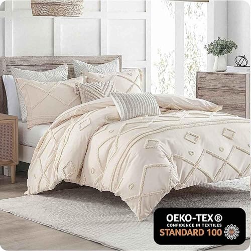 Miniatura 2 de Juego de edredón beige tamaño matrimonial, juego de ropa de cama reversible con textura jacquard geométrico bohemio con textura de plumón