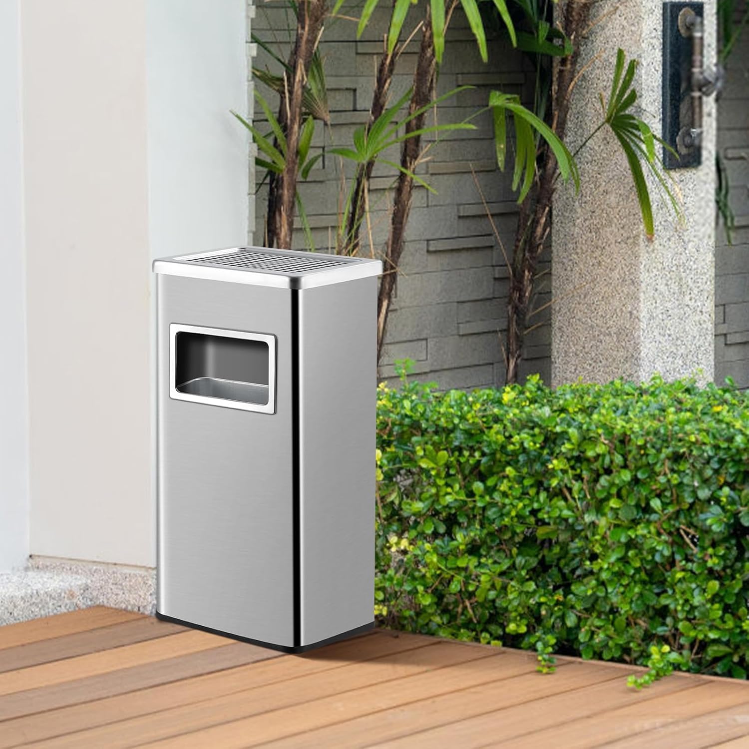 Stainless Steel Trash Can Outdoor Indoor, Industrial Garbage Enclosure Commercial Trash Can with Lid, Removable Inner Bucket & Ashtray Garbage Can for Office, Elevator Entrance, 8 Gallons