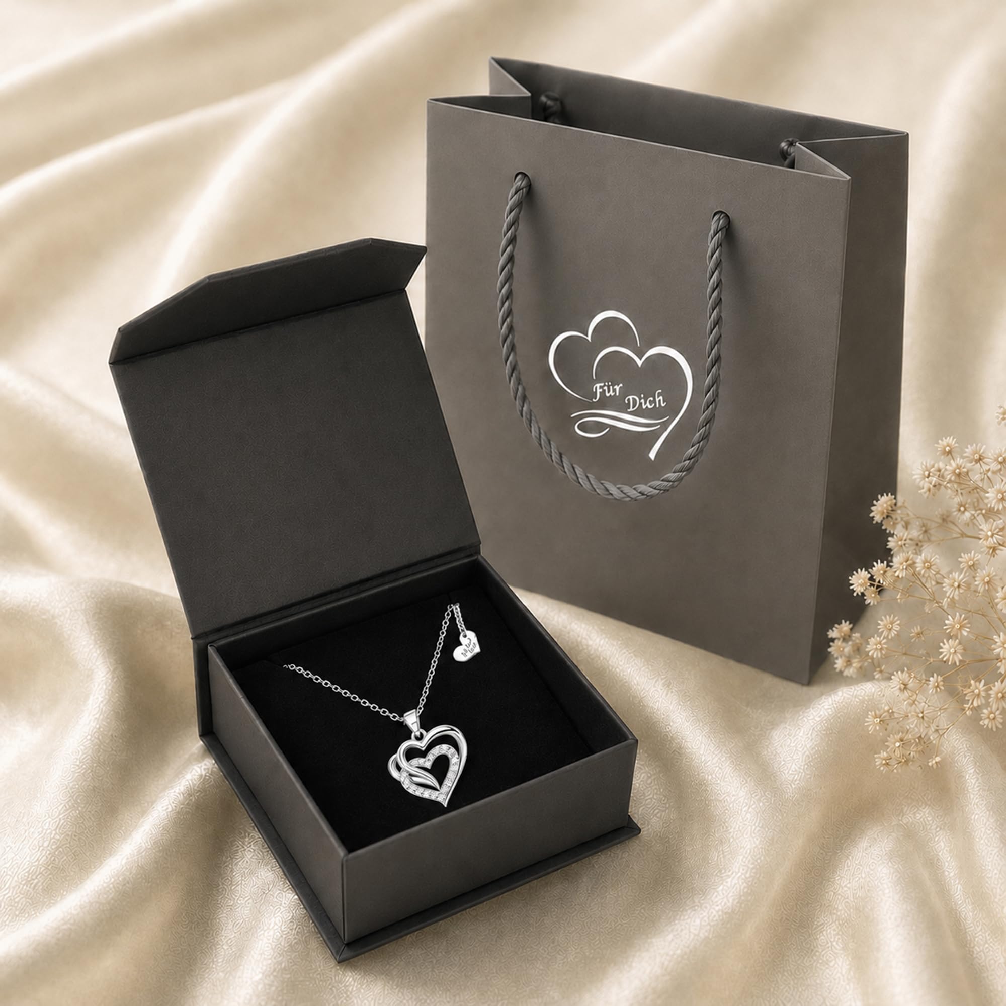 Herzkette Damen 925 Sterling Silber, Halskette mit Herz Anhänger und Zirkonia, Kette Geschenk für Frauen Freundin, Zusatzherz Ich liebe Dich, inkl. Schmuckdose und Geschenktasche