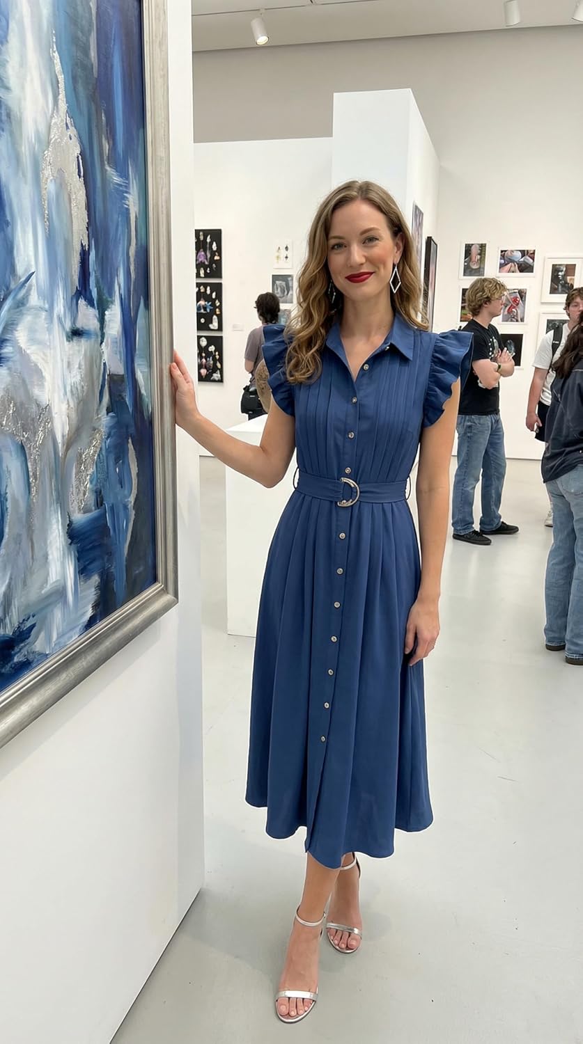 ZESICA Womens Summer Button Midi Dresses 2026 Flutter Short Sleeve Belted Business Casual Work Long Dresses with Pockets - Image 4