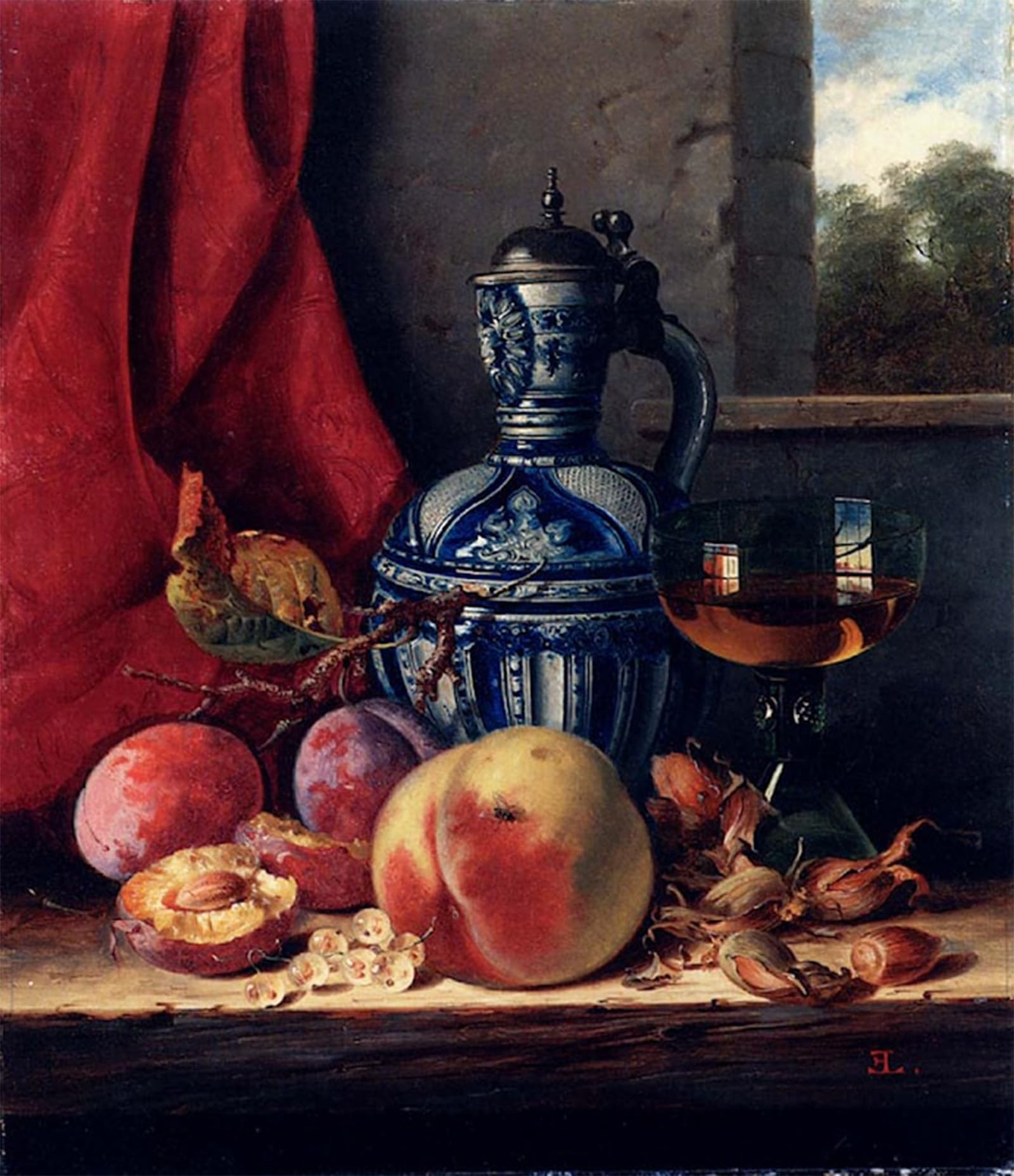 SERENDIPITP Poster Wall Art Still Life with Peaches Whitecurrants Hazelnuts a Glass and a Stoneware Jug on a Wooden Ledge with a Landscape Beyond by Edward Ladell for Wall Decor 60x90cm