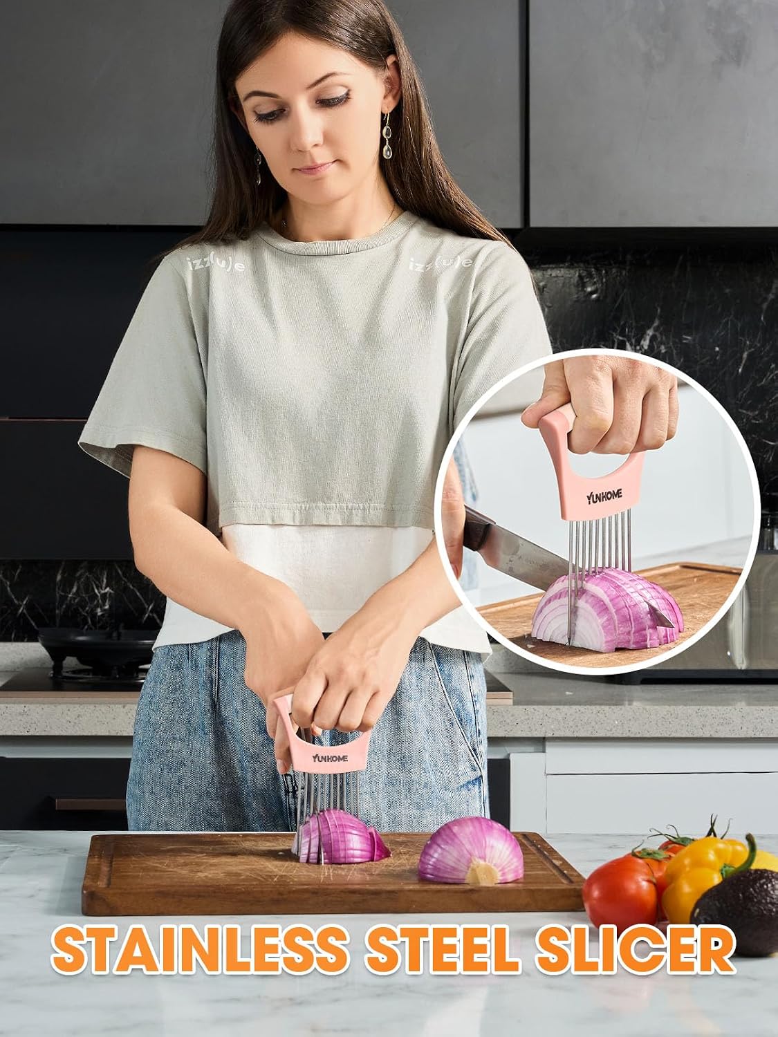 Onion Holder for Slicing, Stanless Steel Onion Slicer Holder, Avocado Slicer Tomato Cutter for Slicing, Vegetable Cutter for Potato and Lemon, Assistant Kitchen Gadgets Utensils Tool for Fruit image 4