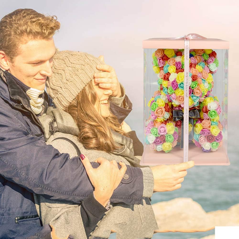 Hand Made Rose Bear Artificial Flower Gift for Mather's Day Birthday Valentine's Day with a 15" Pink Gift Box (Colorful)