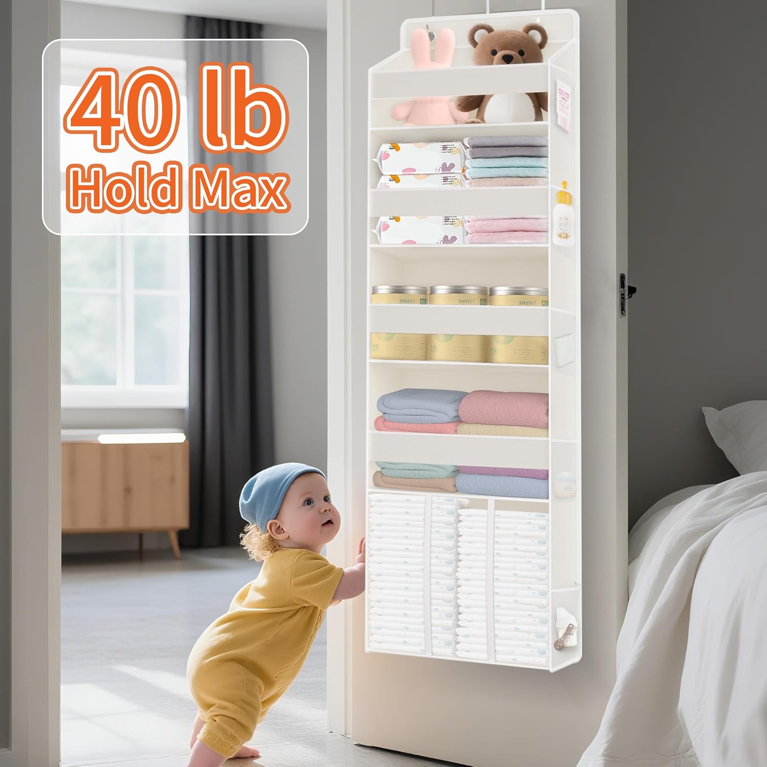 5-Tier Over The Door Organizer with 10 Mesh Pockets | Large Capacity Hanging Closet Storage for Baby Diapers, Toys, Nursery& Newborn Essentials (Beige) - Image 5