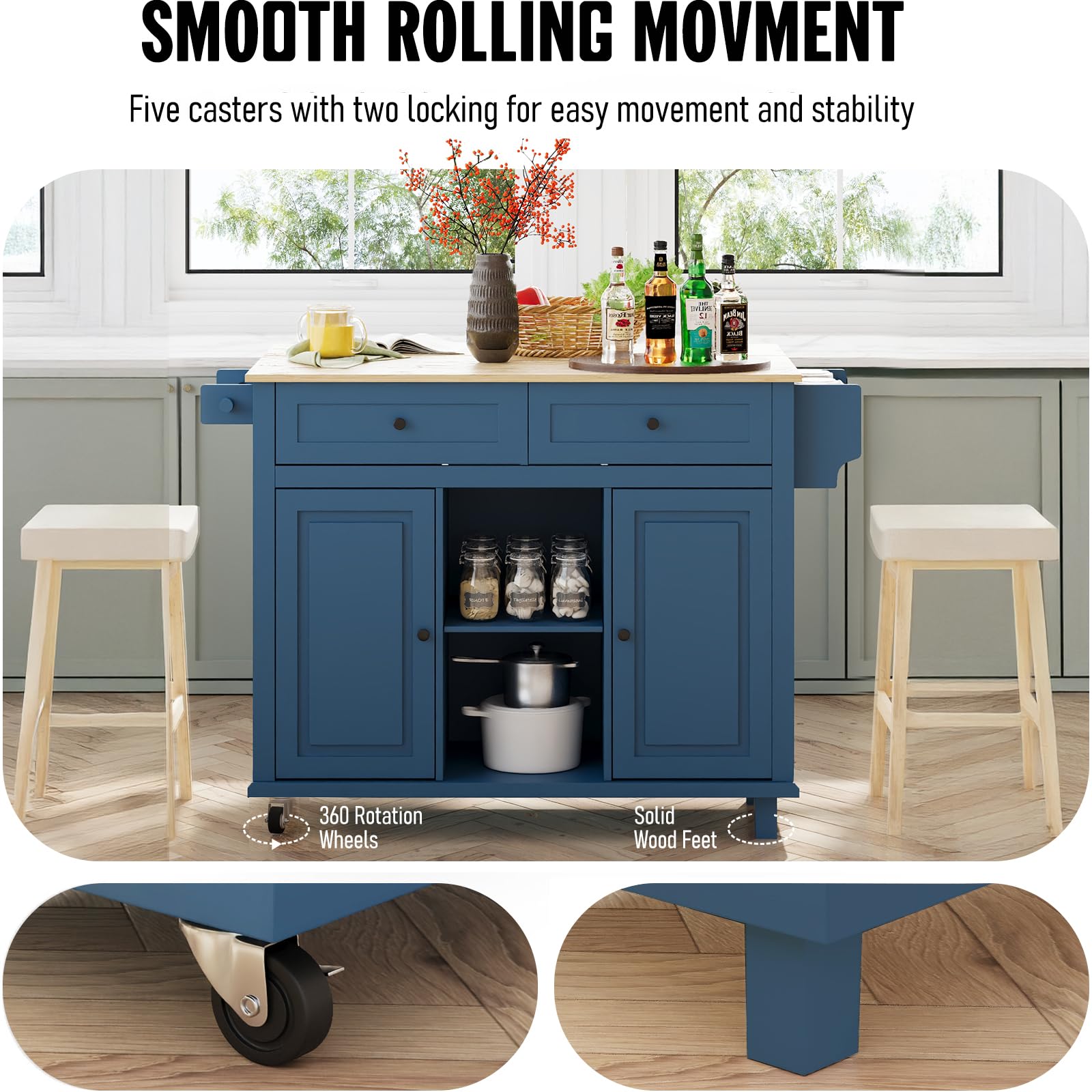 Kitchen Island with Storage on Wheels, 53 Inch Large Rolling Kitchen ...